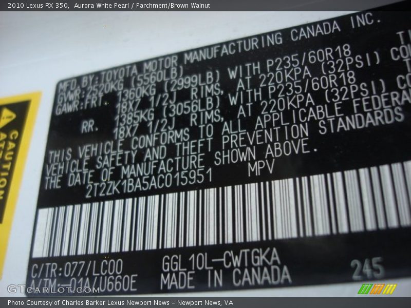 Aurora White Pearl / Parchment/Brown Walnut 2010 Lexus RX 350