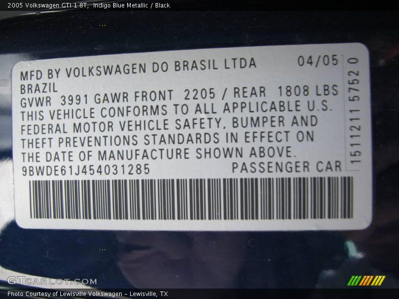 Indigo Blue Metallic / Black 2005 Volkswagen GTI 1.8T