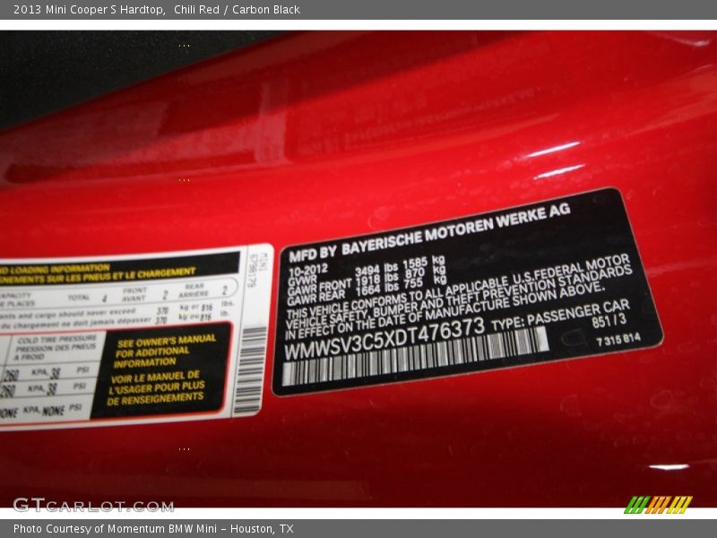 Chili Red / Carbon Black 2013 Mini Cooper S Hardtop