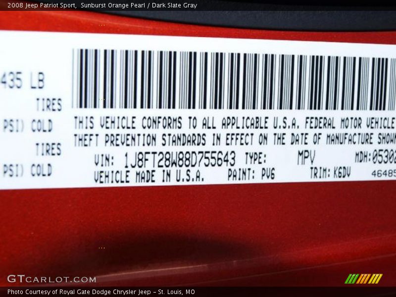 Sunburst Orange Pearl / Dark Slate Gray 2008 Jeep Patriot Sport