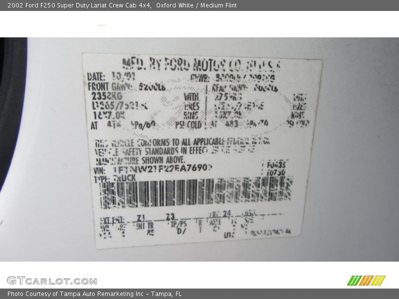 2002 F250 Super Duty Lariat Crew Cab 4x4 Oxford White Color Code Z1