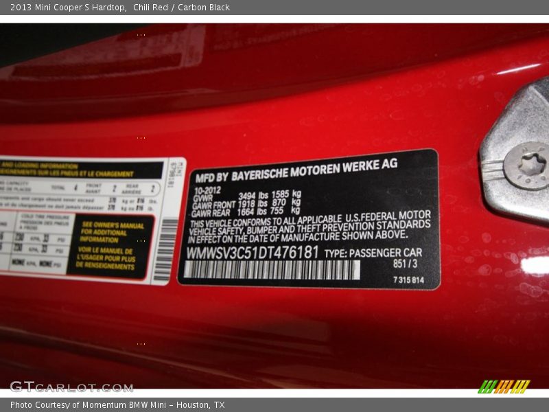 Chili Red / Carbon Black 2013 Mini Cooper S Hardtop