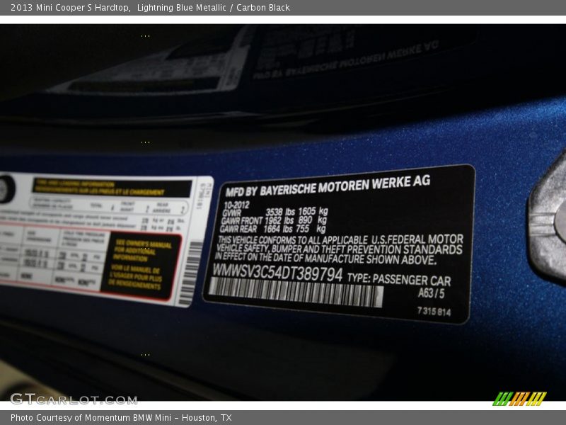 Lightning Blue Metallic / Carbon Black 2013 Mini Cooper S Hardtop