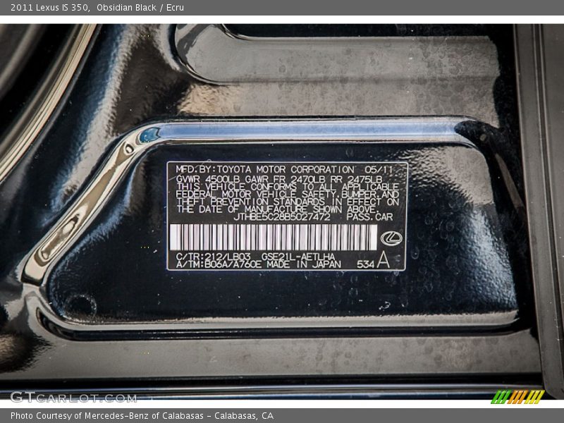 2011 IS 350 Obsidian Black Color Code 212
