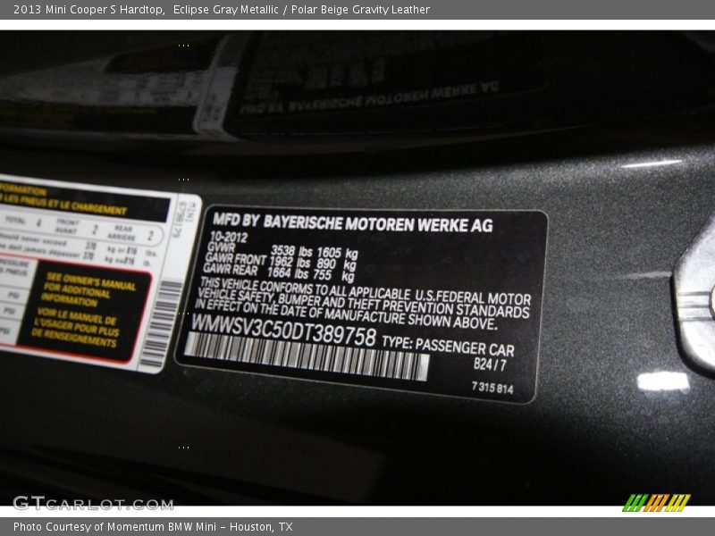 2013 Cooper S Hardtop Eclipse Gray Metallic Color Code B24