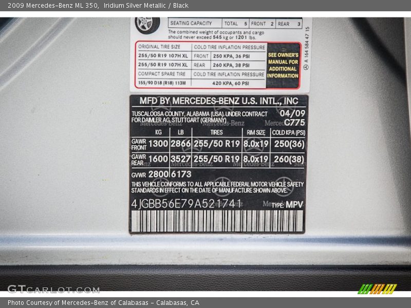 Iridium Silver Metallic / Black 2009 Mercedes-Benz ML 350