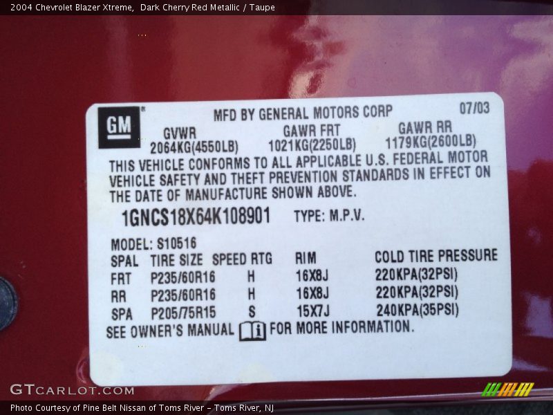 Info Tag of 2004 Blazer Xtreme