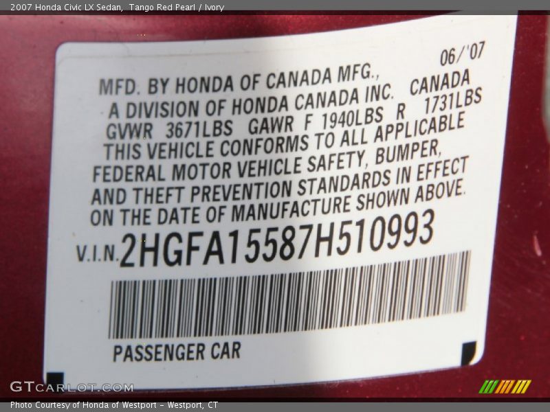 Tango Red Pearl / Ivory 2007 Honda Civic LX Sedan