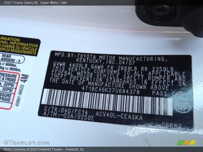 Super White / Ash 2007 Toyota Camry SE