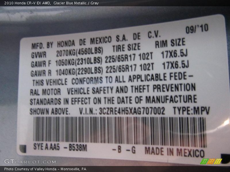 Glacier Blue Metallic / Gray 2010 Honda CR-V EX AWD
