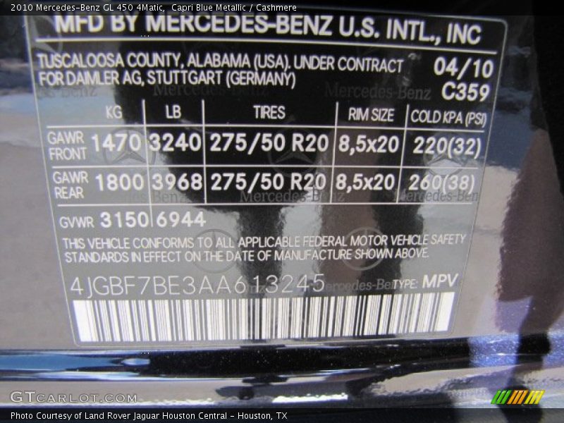 2010 GL 450 4Matic Capri Blue Metallic Color Code 359