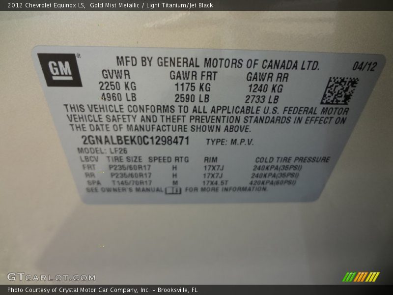 Gold Mist Metallic / Light Titanium/Jet Black 2012 Chevrolet Equinox LS