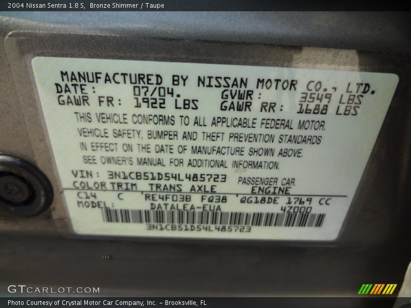 Bronze Shimmer / Taupe 2004 Nissan Sentra 1.8 S