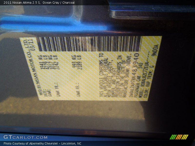 Ocean Gray / Charcoal 2011 Nissan Altima 2.5 S