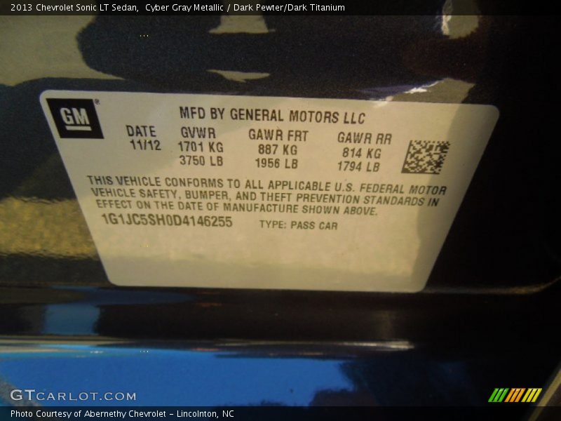 Cyber Gray Metallic / Dark Pewter/Dark Titanium 2013 Chevrolet Sonic LT Sedan