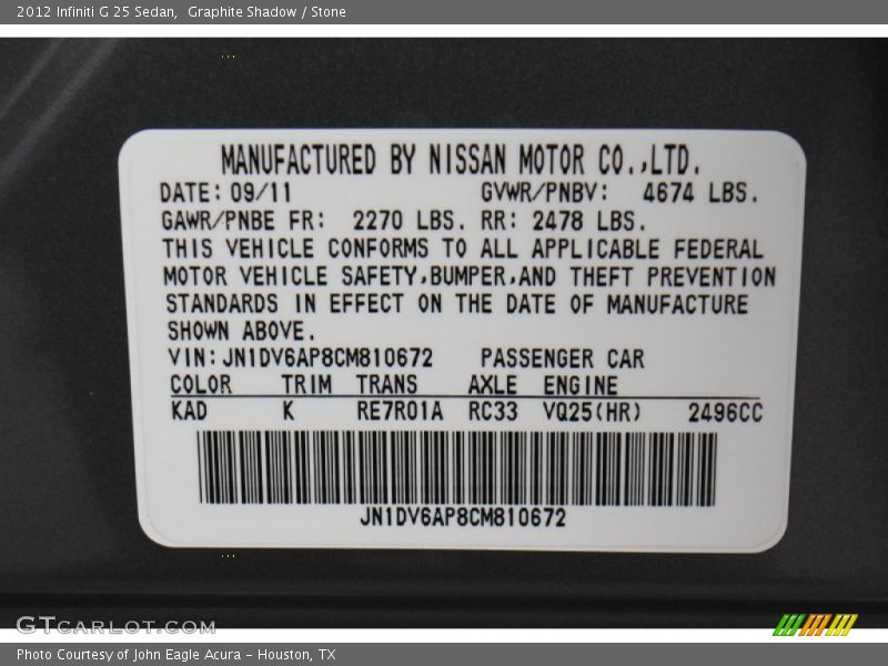 Graphite Shadow / Stone 2012 Infiniti G 25 Sedan