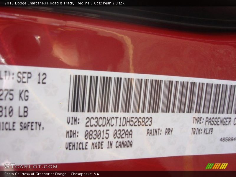 2013 Charger R/T Road & Track Redline 3 Coat Pearl Color Code PRY