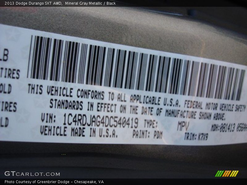 Mineral Gray Metallic / Black 2013 Dodge Durango SXT AWD