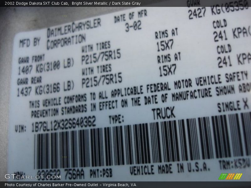 2002 Dakota SXT Club Cab Bright Silver Metallic Color Code PSB