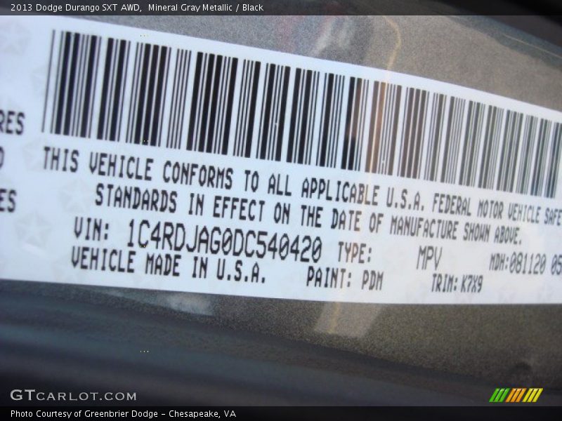 Mineral Gray Metallic / Black 2013 Dodge Durango SXT AWD