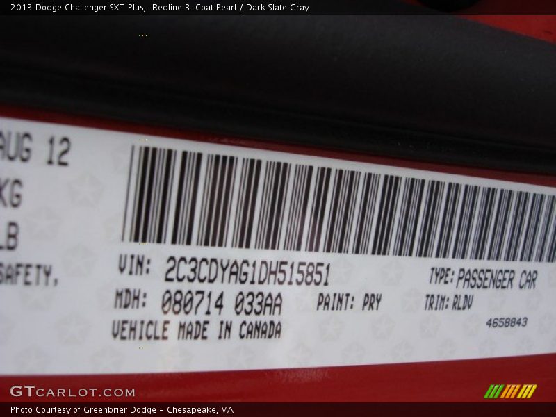 Redline 3-Coat Pearl / Dark Slate Gray 2013 Dodge Challenger SXT Plus