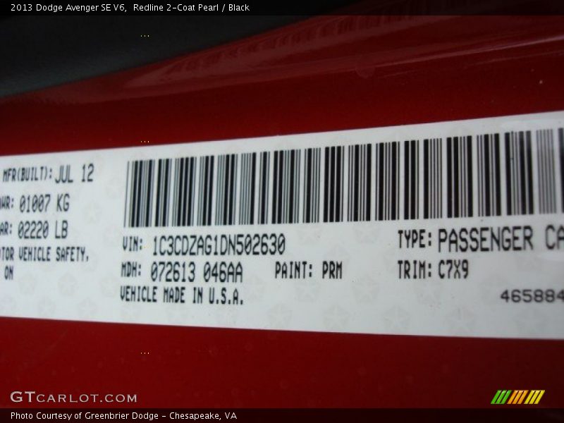 Redline 2-Coat Pearl / Black 2013 Dodge Avenger SE V6