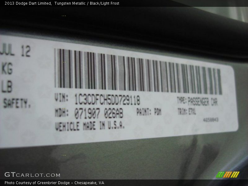 2013 Dart Limited Tungsten Metallic Color Code PDM
