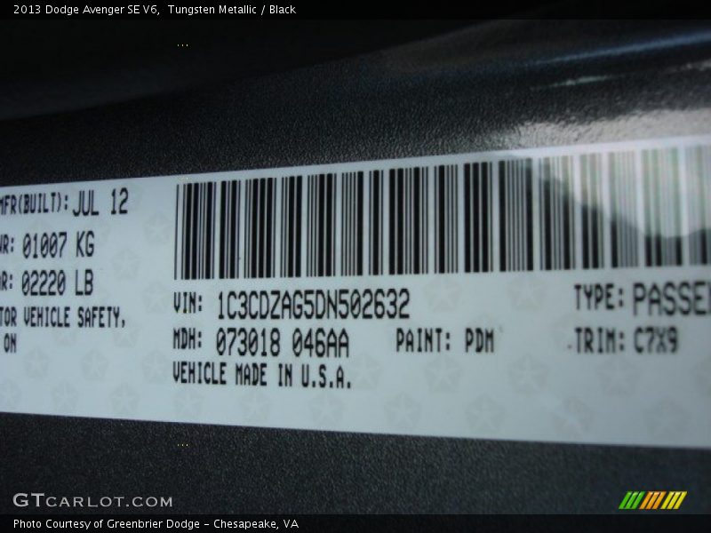 Tungsten Metallic / Black 2013 Dodge Avenger SE V6