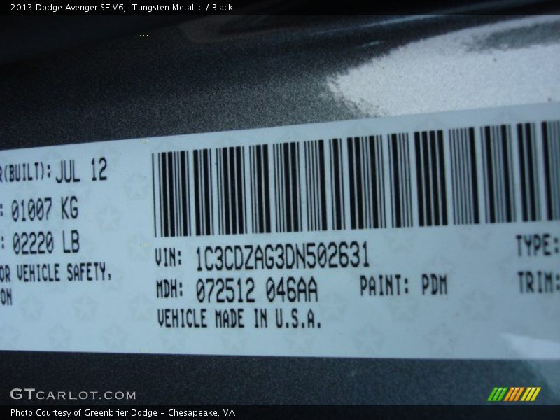 Tungsten Metallic / Black 2013 Dodge Avenger SE V6