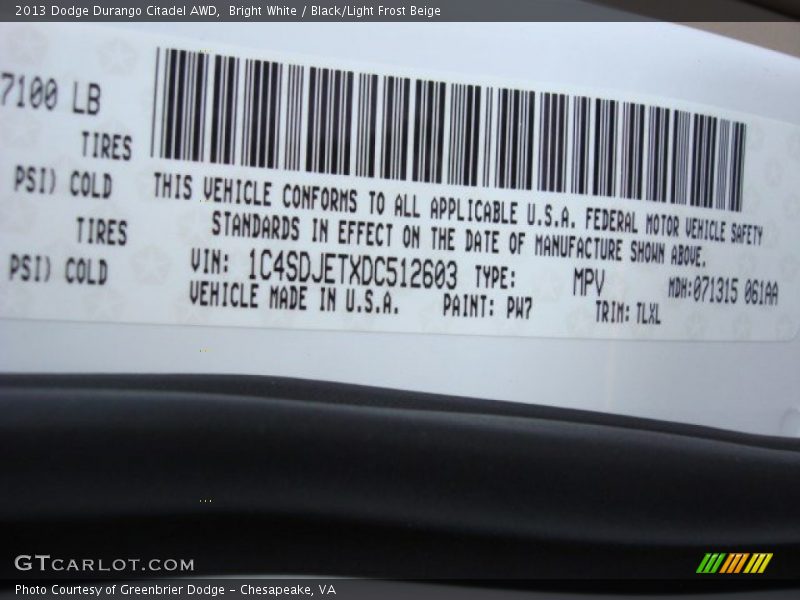Bright White / Black/Light Frost Beige 2013 Dodge Durango Citadel AWD