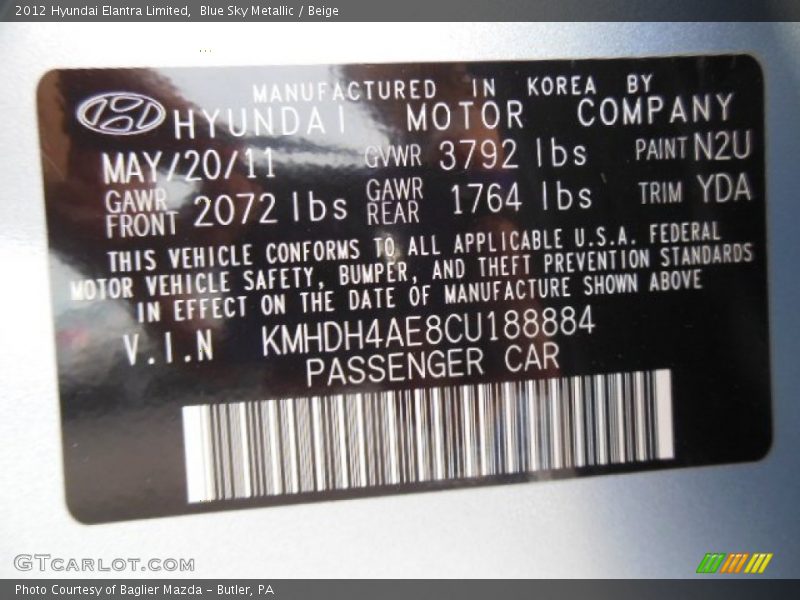 Blue Sky Metallic / Beige 2012 Hyundai Elantra Limited