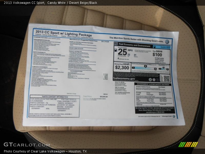 Candy White / Desert Beige/Black 2013 Volkswagen CC Sport