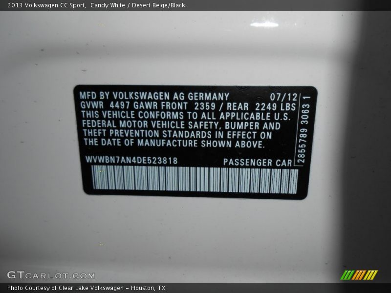 Candy White / Desert Beige/Black 2013 Volkswagen CC Sport