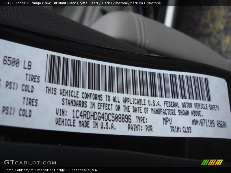 Brilliant Black Crystal Pearl / Dark Graystone/Medium Graystone 2013 Dodge Durango Crew
