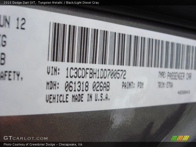 Tungsten Metallic / Black/Light Diesel Gray 2013 Dodge Dart SXT