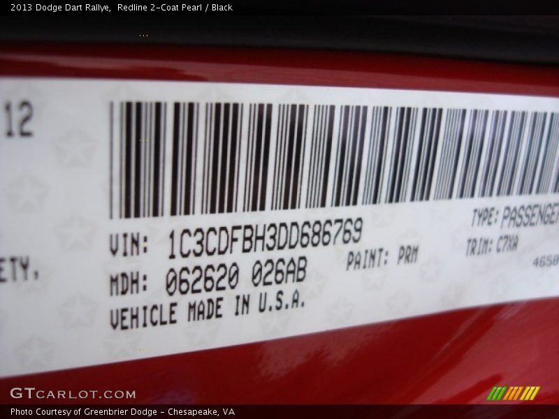 2013 Dart Rallye Redline 2-Coat Pearl Color Code PRM