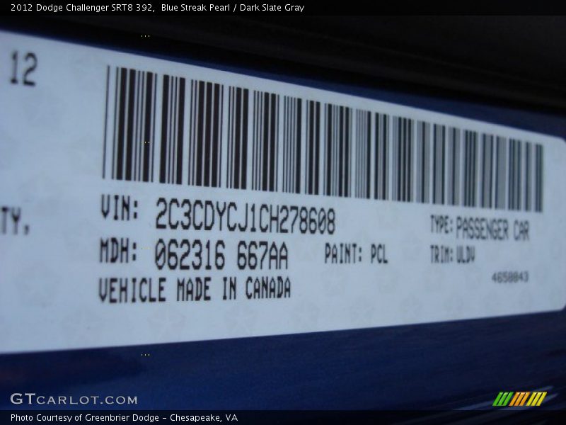 2012 Challenger SRT8 392 Blue Streak Pearl Color Code PCL