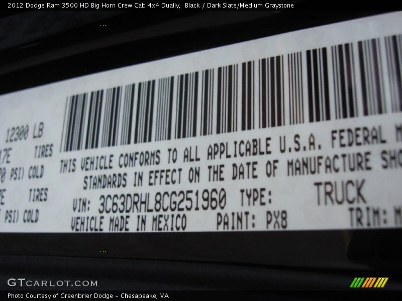 Black / Dark Slate/Medium Graystone 2012 Dodge Ram 3500 HD Big Horn Crew Cab 4x4 Dually