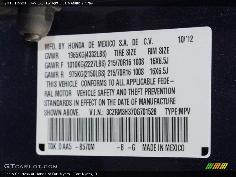 Twilight Blue Metallic / Gray 2013 Honda CR-V LX
