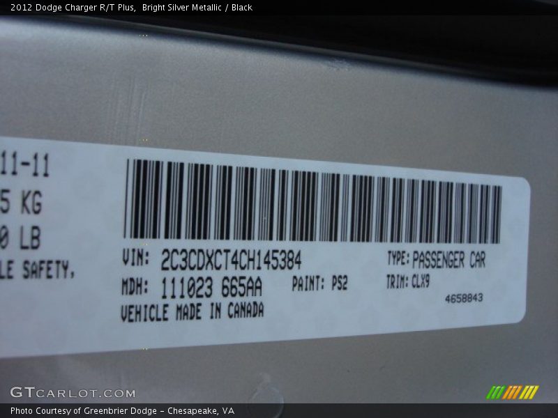 Bright Silver Metallic / Black 2012 Dodge Charger R/T Plus