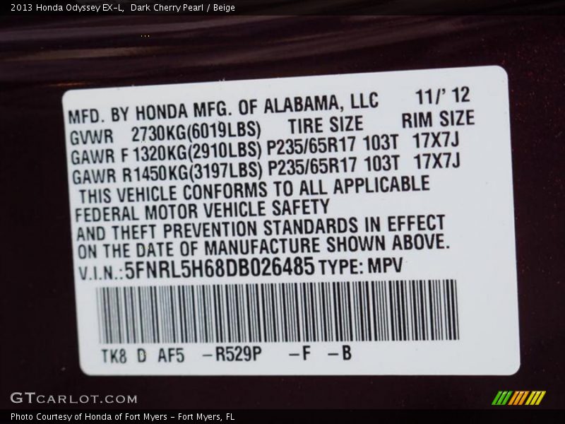 Dark Cherry Pearl / Beige 2013 Honda Odyssey EX-L