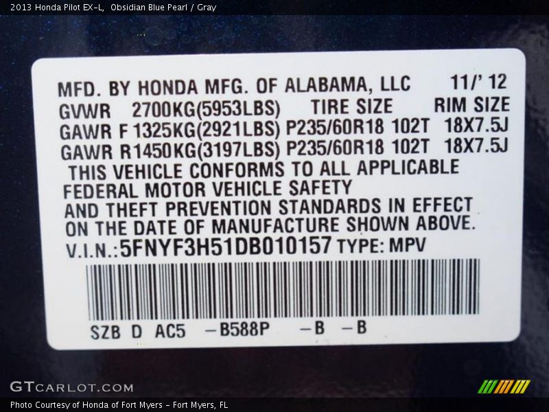 Obsidian Blue Pearl / Gray 2013 Honda Pilot EX-L