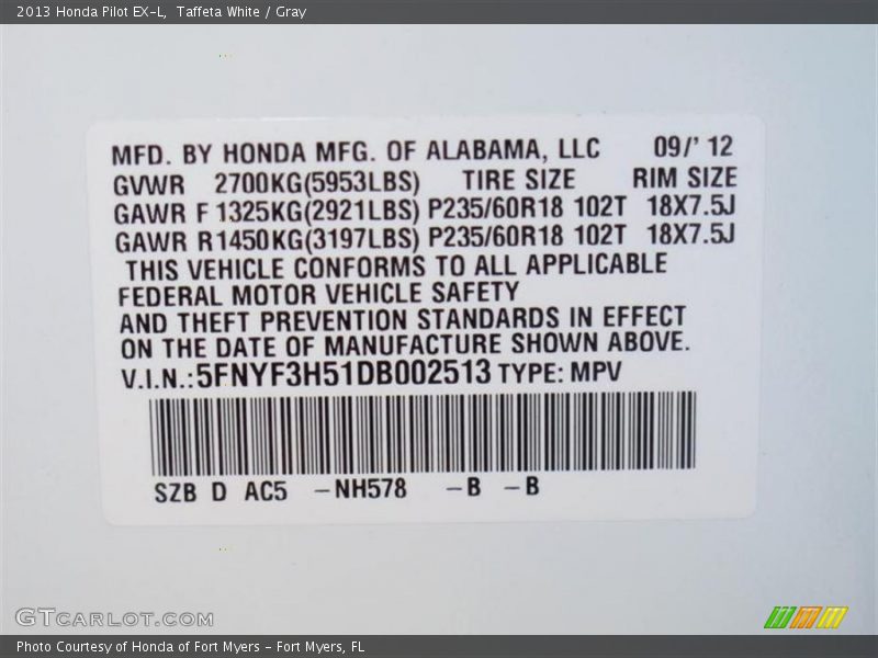 Taffeta White / Gray 2013 Honda Pilot EX-L