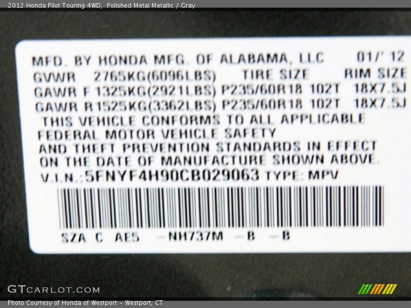 Polished Metal Metallic / Gray 2012 Honda Pilot Touring 4WD