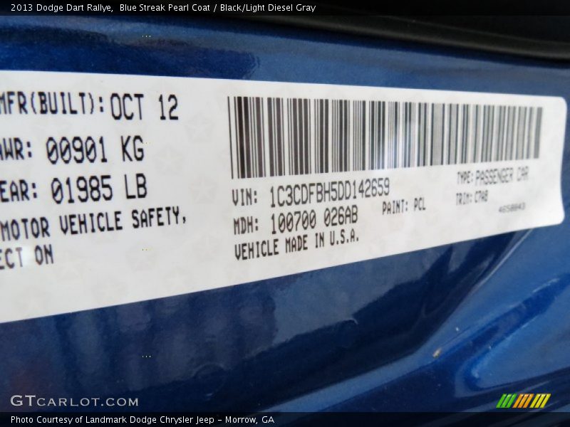 Blue Streak Pearl Coat / Black/Light Diesel Gray 2013 Dodge Dart Rallye