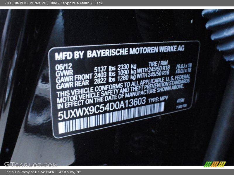 Black Sapphire Metallic / Black 2013 BMW X3 xDrive 28i