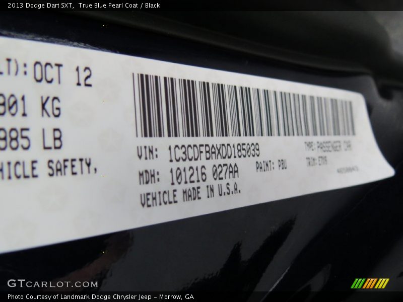 2013 Dart SXT True Blue Pearl Coat Color Code PBU
