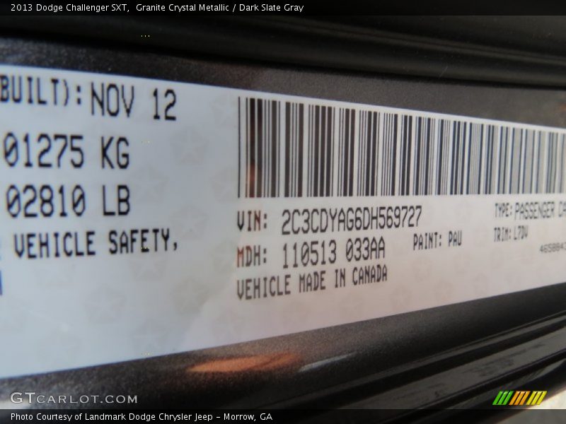 2013 Challenger SXT Granite Crystal Metallic Color Code PAU