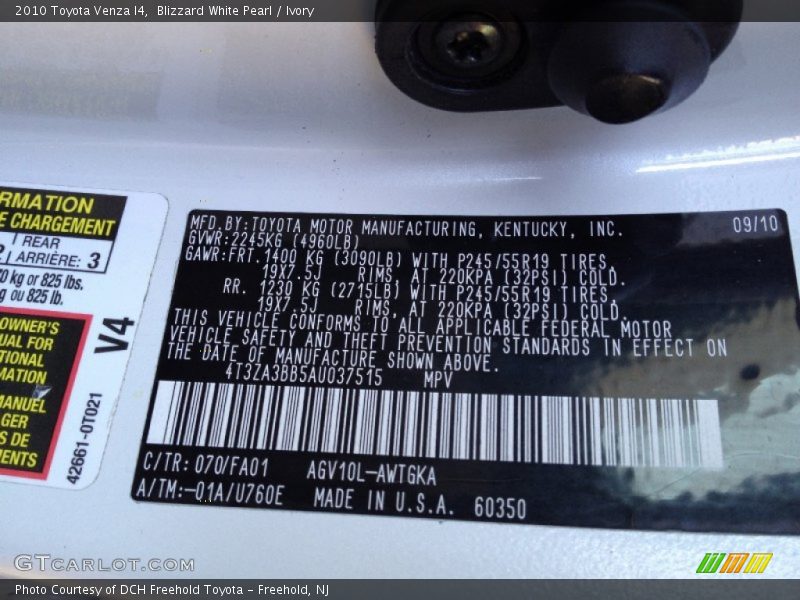 Blizzard White Pearl / Ivory 2010 Toyota Venza I4