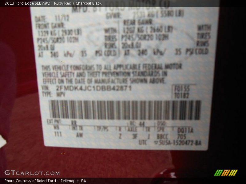 Ruby Red / Charcoal Black 2013 Ford Edge SEL AWD